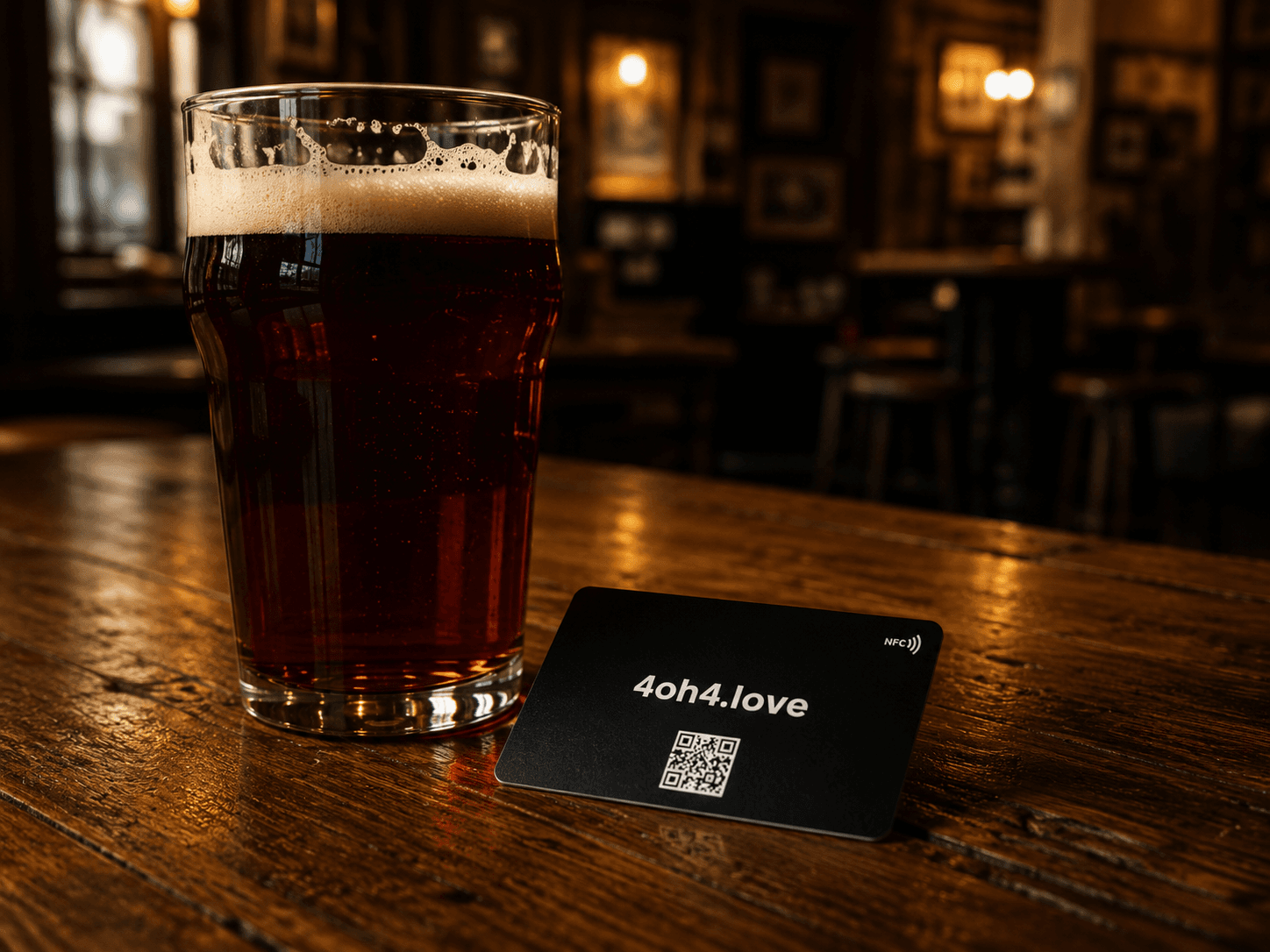 NFC card held beside a coffee