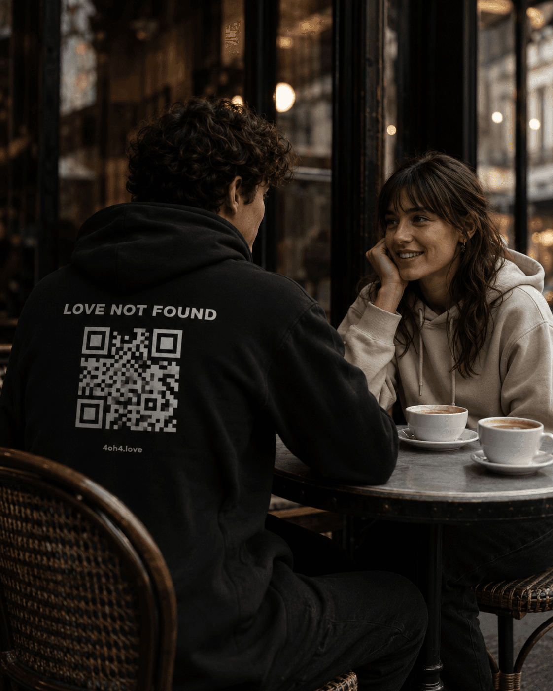 Two people in conversation at a cafe